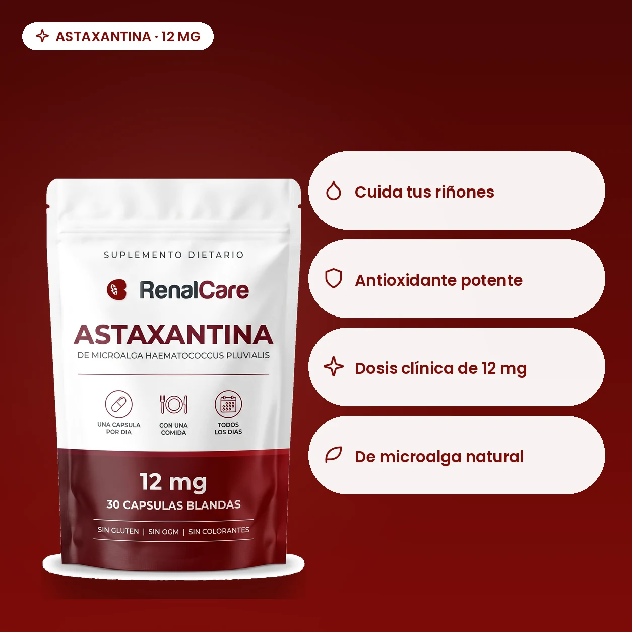 RenalCare Astaxantina: astaxantina natural de microalga en cápsula blanda