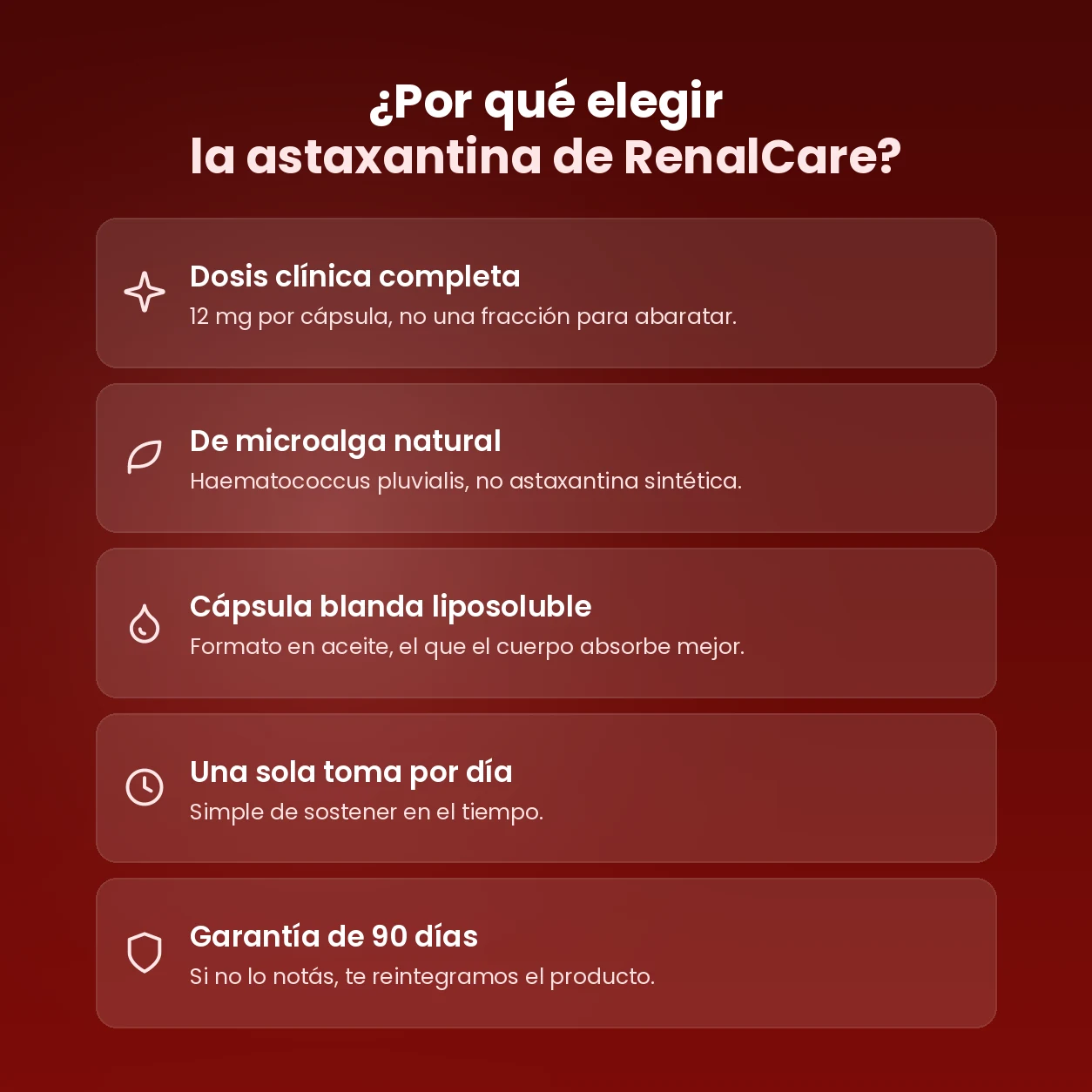 Por qué elegir la astaxantina de RenalCare: ingredientes clínicamente respaldados, probado por terceros, formulado por expertos en salud y fabricado en instalaciones certificadas GMP